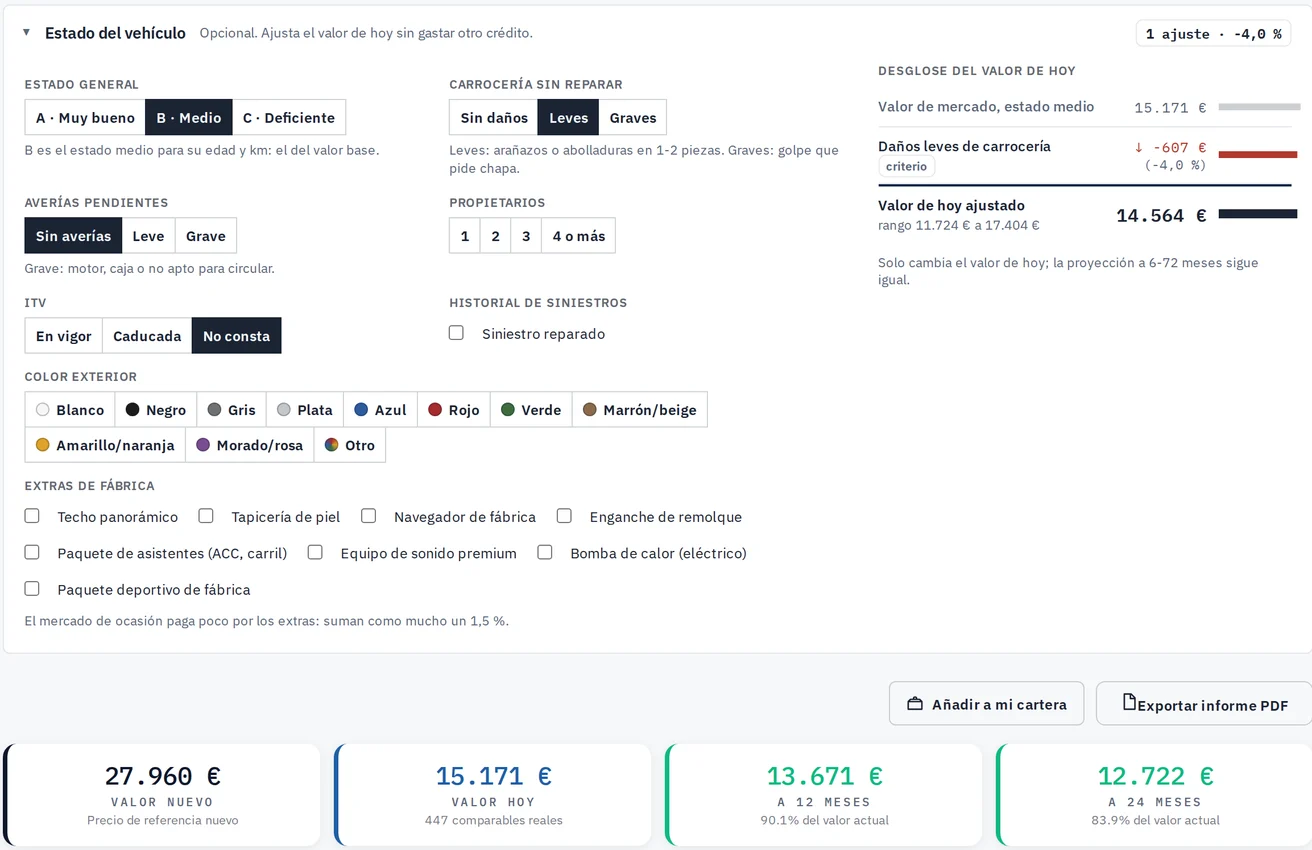 Valuation tool at rv.arstdata.com: vehicle condition and breakdown of today's value for a 2021 Golf with 62,000 km (€15,171, €14,564 with light body damage)